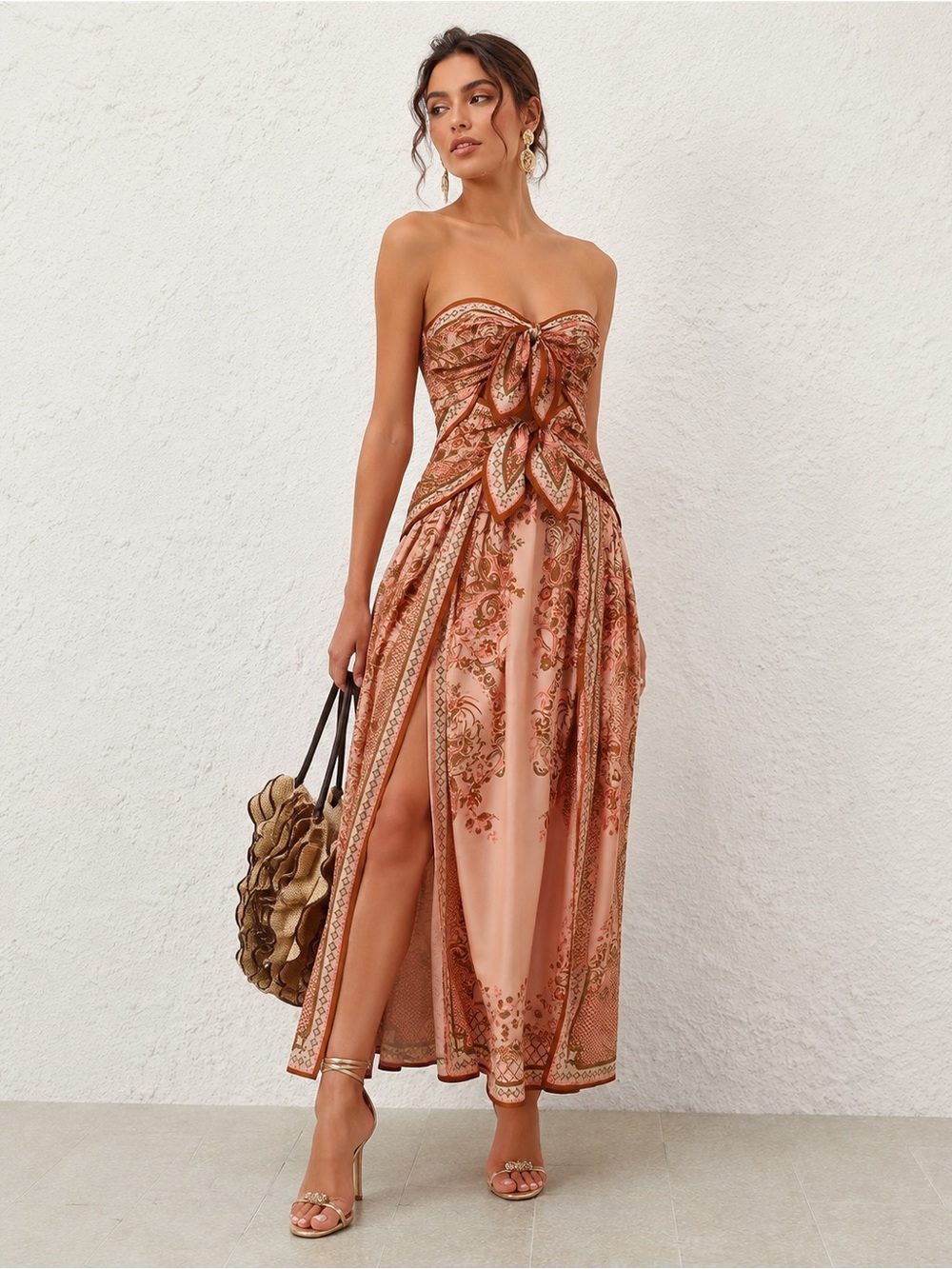 Zimmermann Peach Paisley Strapless Tie-Front Maxi Dress
